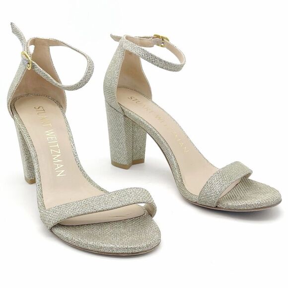 Stuart Weitzman Nudistcurve 75 Glitter Block Heel Sandals Platino Size 7 Wedding - Picture 16 of 16